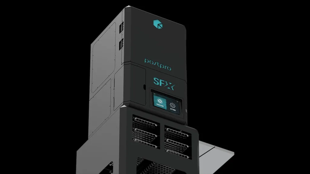 AMT PostPro SFX vapour smoothing machine designed for surface finishing of 3D printed polymer parts with sealed chamber and touchscreen controls