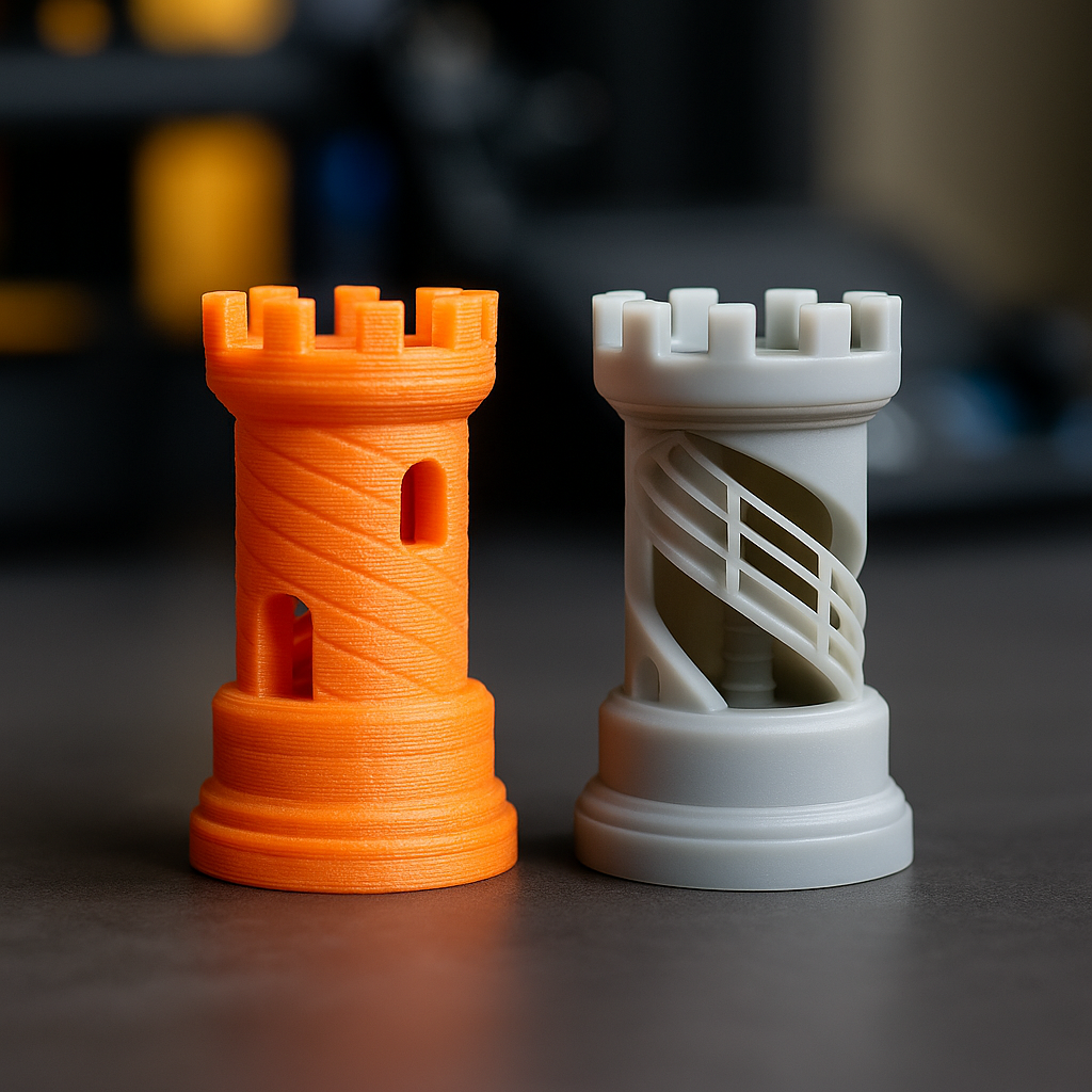 Two 3D-printed rook pieces showing the surface difference between FDM and SLA printing