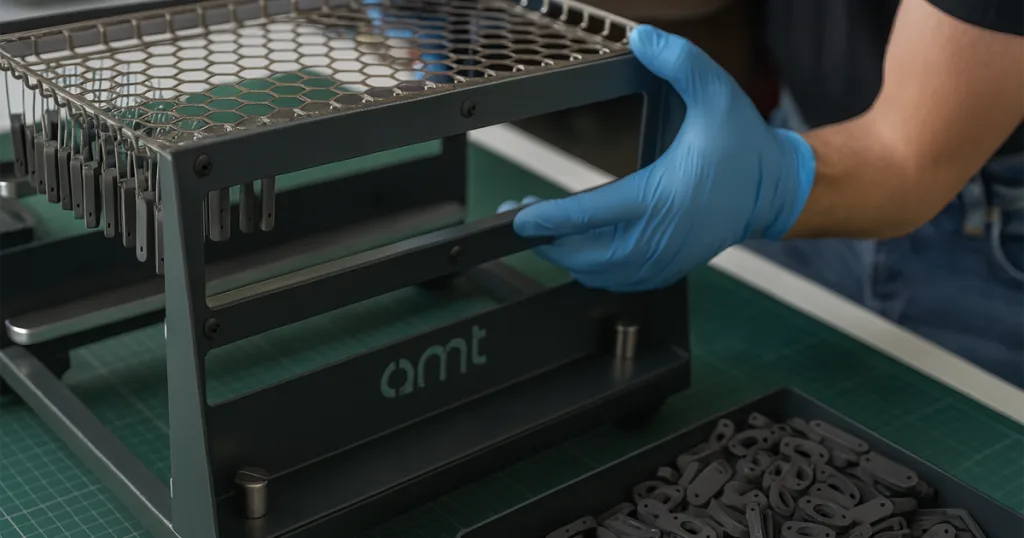 Part tray inside an AMT SFX vapour smoothing machine, holding multiple 3D-printed components undergoing surface finishing treatment for improved smoothness and appearance.