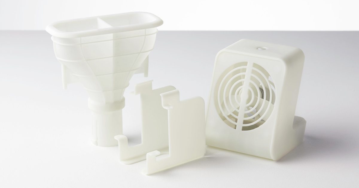 Assorted 3D-printed parts made using Rigid 4000 resin, arranged to highlight their stiffness and durability in a clean, professional hero image setting.
