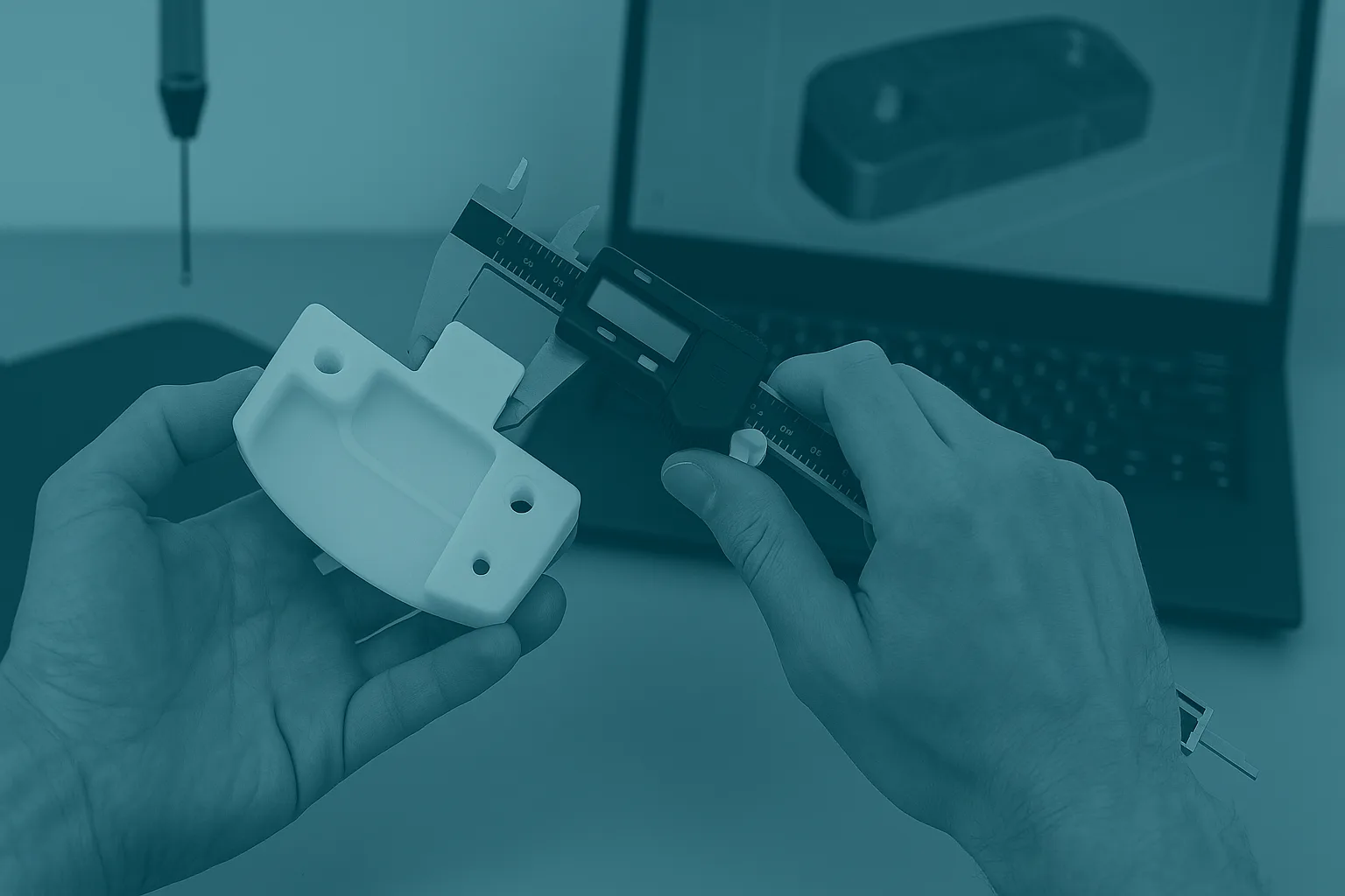 Hands measuring a 3D printed component with a digital caliper in front of a laptop showing a part scan